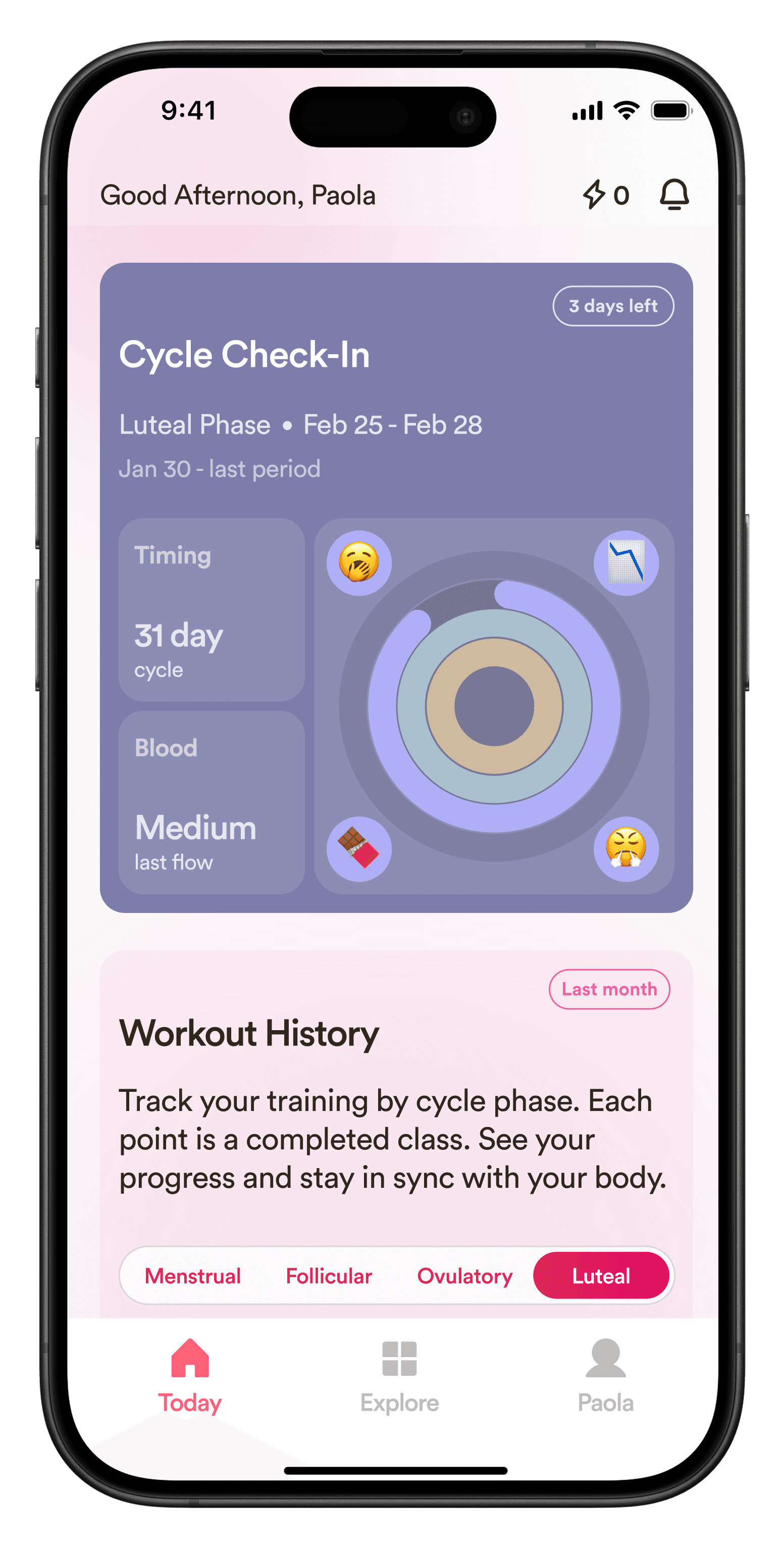 Ova app interface showing cycle tracking and workout recommendations